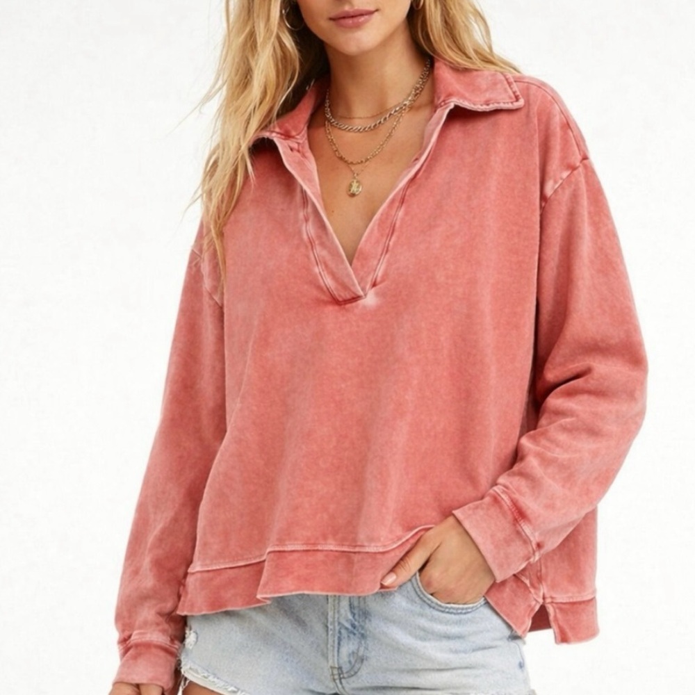 Electric & Rose Canal Rosewood V Neck Collared Sweatshirt